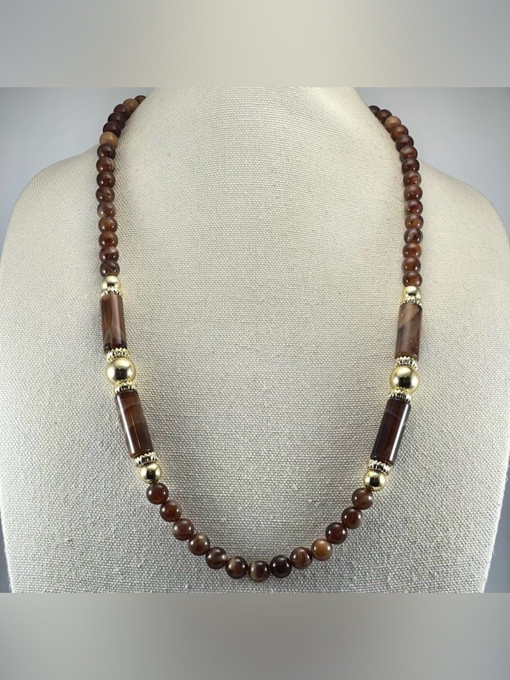 Made In Hong Kong Necklace Brown Tortoise Lucite Gold Tone Beaded Statement